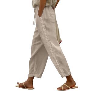 Linen and Cotton Joggers Tan with Lace detail on sides Size Medium